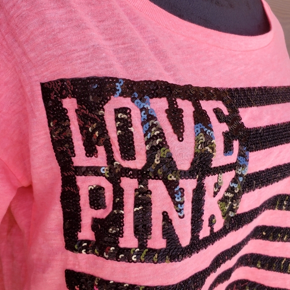PINK Victoria's Secret Sequin Flag Oversized Neon Cropped Tee T-Shirt XS NWOT - Picture 5 of 16
